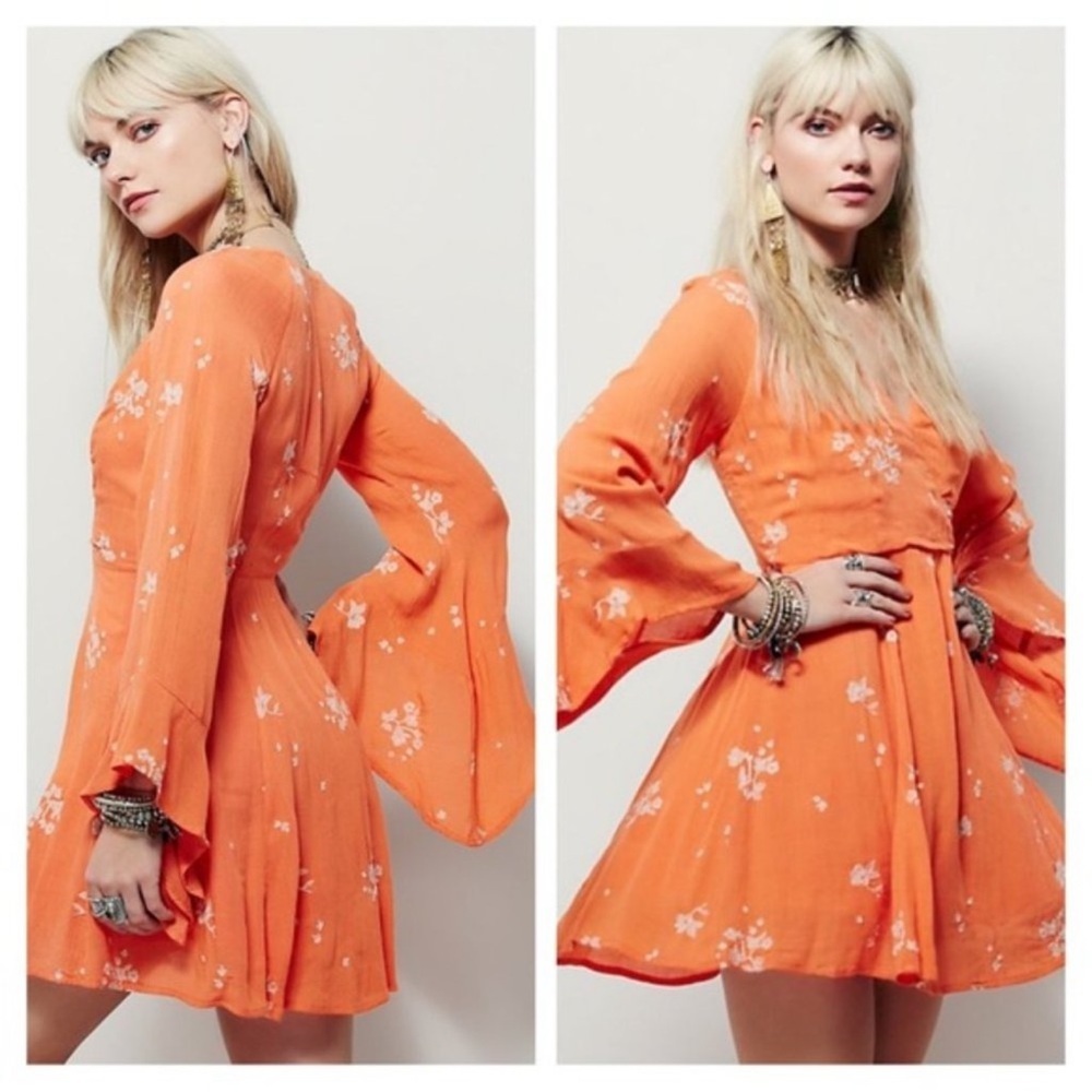 NWT $148 Anthropologie Free People Jasmine Embroidered Mini Dress Papaya Orange